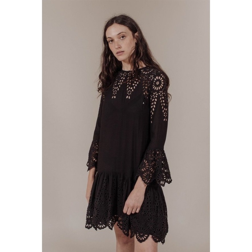 Ganni Emile Lace Black Eyelet Mini Dress Size 36 Women Long Bell Sleeve Ruffle